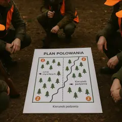 Myśliwi omawiają plan polowania, pokazujący, jak powinni być rozstawiani myśliwi na polowaniu, z zaznaczoną linią i kierunkiem pędzenia.