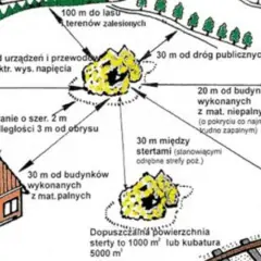 Schemat określa, w jakiej odległości od zabudowań myśliwy może strzelać: 30 m od budynków z mat. palnych, 20 m od budynków z mat. niepalnych, 100 m od lasu.