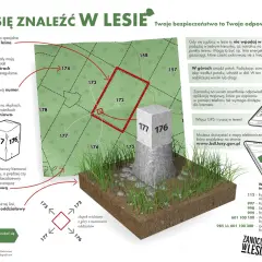 Mapa lasu z zaznaczonymi oddziałami, słupkami granicznymi i wskazówkami nawigacyjnymi.