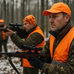 Myśliwi w pomarańczowych kamizelkach i czapkach, z karabinami gotowymi do strzału, czekają na sygnał. Tak powinni być ustawieni myśliwi przed miotem, w gotowości.