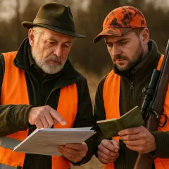 Dwóch myśliwych w kamizelkach odblaskowych analizuje dokumenty. Starszy wskazuje na papier, młodszy trzyma książeczkę. Czy myśliwy może wypisać się na trzy dni na polowanie?