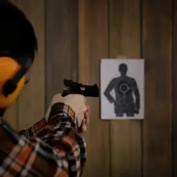 Strzelnica: shooter w okularach ochronnych celuje z pistoletu do tarczy.