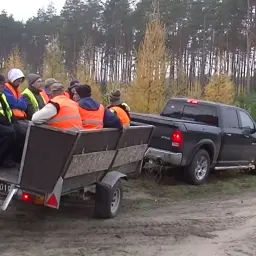 Grupa osób w kamizelkach odblaskowych jedzie przyczepą ciągniętą przez pickupa w lesie.
