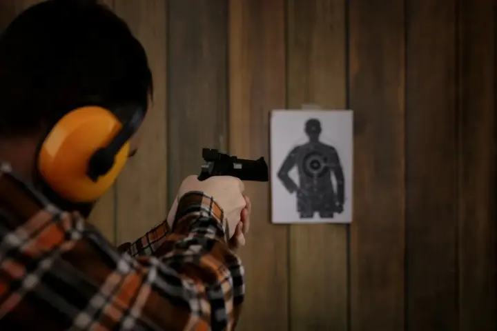 Strzelnica: shooter w okularach ochronnych celuje z pistoletu do tarczy.
