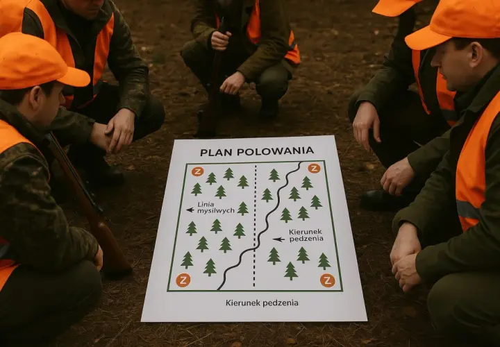 Myśliwi omawiają plan polowania, pokazujący, jak powinni być rozstawiani myśliwi na polowaniu, z zaznaczoną linią i kierunkiem pędzenia.