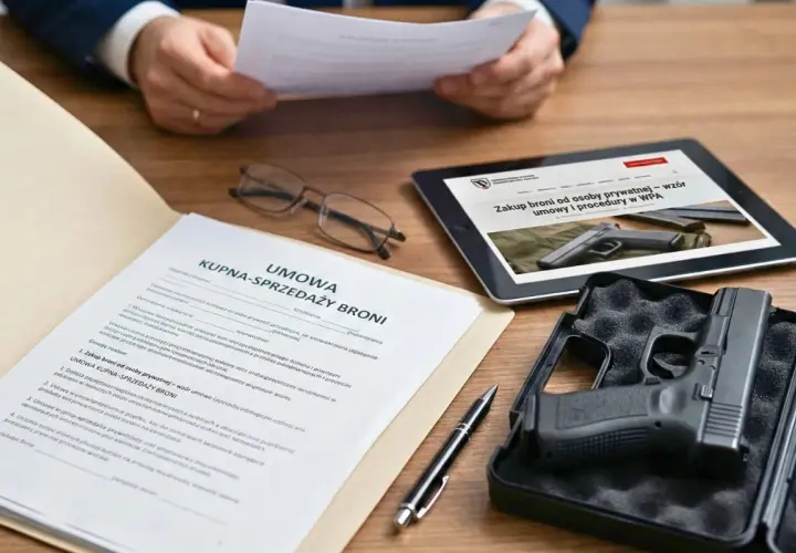 Umowa kupna-sprzedaży broni, pistolet w futerale, tablet z informacją "Zakup broni od osoby prywatnej" i dokumenty. Czy myśliwy może kupić broń od innego myśliwego?