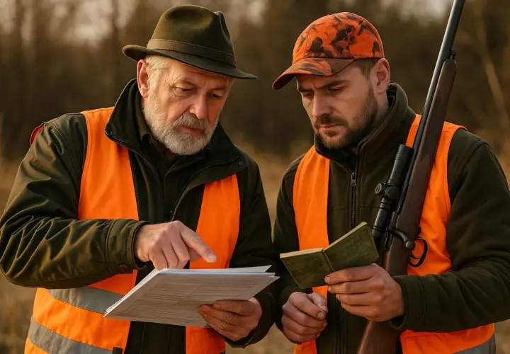 Dwóch myśliwych w kamizelkach odblaskowych analizuje dokumenty. Starszy wskazuje na papier, młodszy trzyma książeczkę. Czy myśliwy może wypisać się na trzy dni na polowanie?