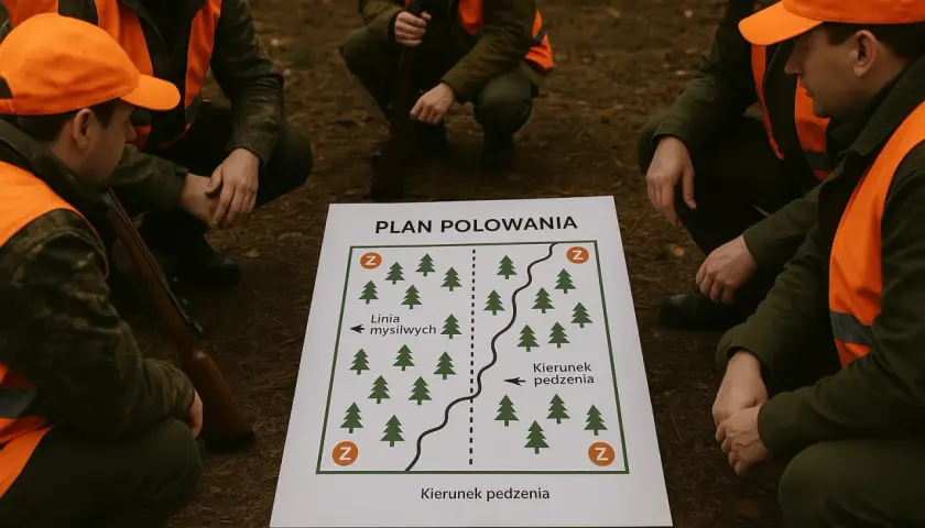 Myśliwi omawiają plan polowania, pokazujący, jak powinni być rozstawiani myśliwi na polowaniu, z zaznaczoną linią i kierunkiem pędzenia.