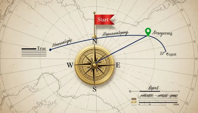 Kompas na mapie z zaznaczoną trasą od punktu "Start" do "Norngerseg".