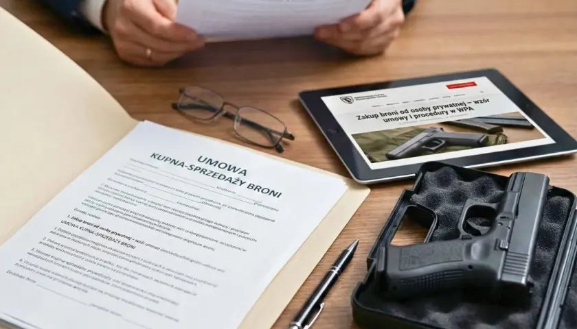 Umowa kupna-sprzedaży broni, pistolet w futerale, tablet z informacją "Zakup broni od osoby prywatnej" i dokumenty. Czy myśliwy może kupić broń od innego myśliwego?