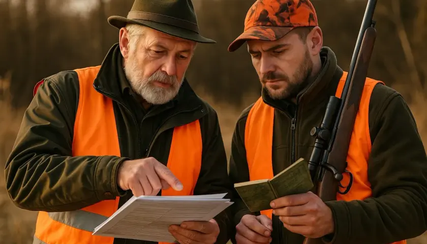 Dwóch myśliwych w kamizelkach odblaskowych analizuje dokumenty. Starszy wskazuje na papier, młodszy trzyma książeczkę. Czy myśliwy może wypisać się na trzy dni na polowanie?