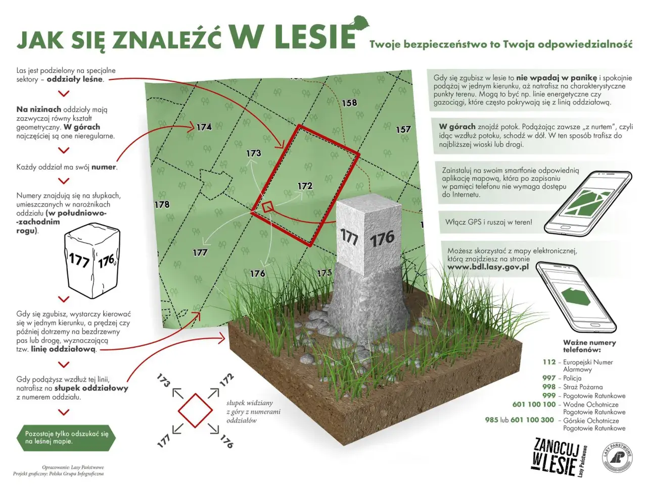 Mapa lasu z zaznaczonymi oddziałami, słupkami granicznymi i wskazówkami nawigacyjnymi.