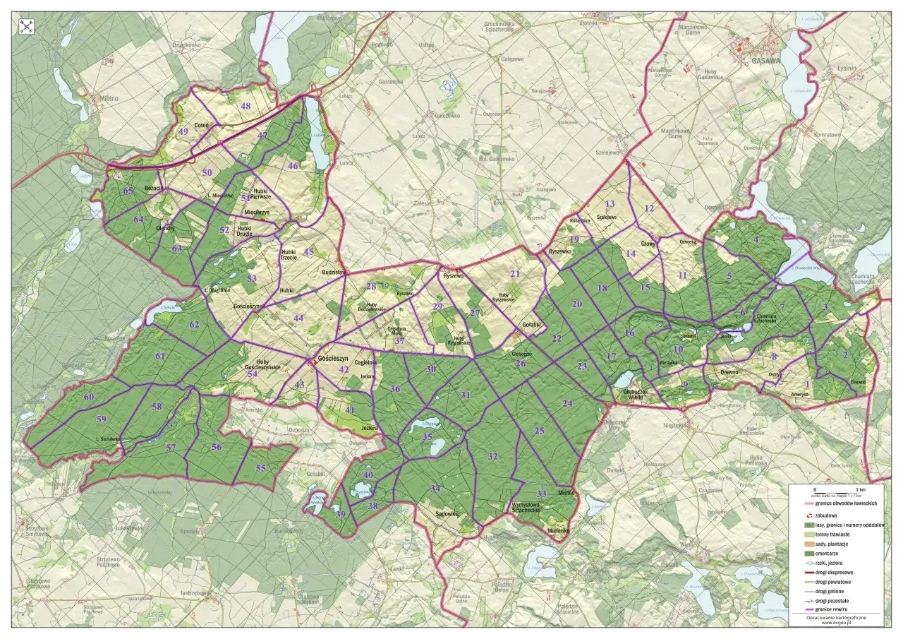 Mapa leśna z zaznaczonymi obszarami, gdzie myśliwy może polować, z podziałem na oddziały i nazwami miejscowości.