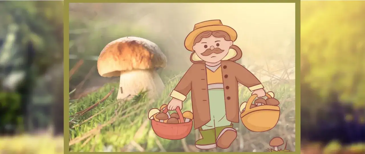 Wesoły grzybiarz, w przenośni zagorzały myśliwy, z koszykami pełnymi borowików.
