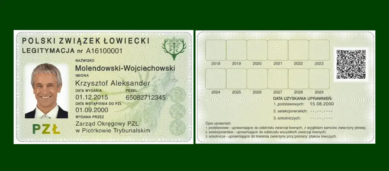 Legitymacja PZŁ nr A16100001 Krzysztofa Aleksandra Molendowskiego-Wojciechowskiego. Czy myśliwy ponosi koszt wymiany legitymacji w zł?