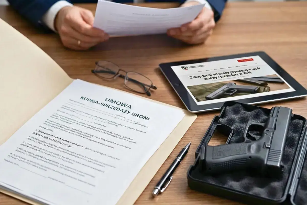 Umowa kupna-sprzedaży broni, pistolet w futerale, tablet z informacją 