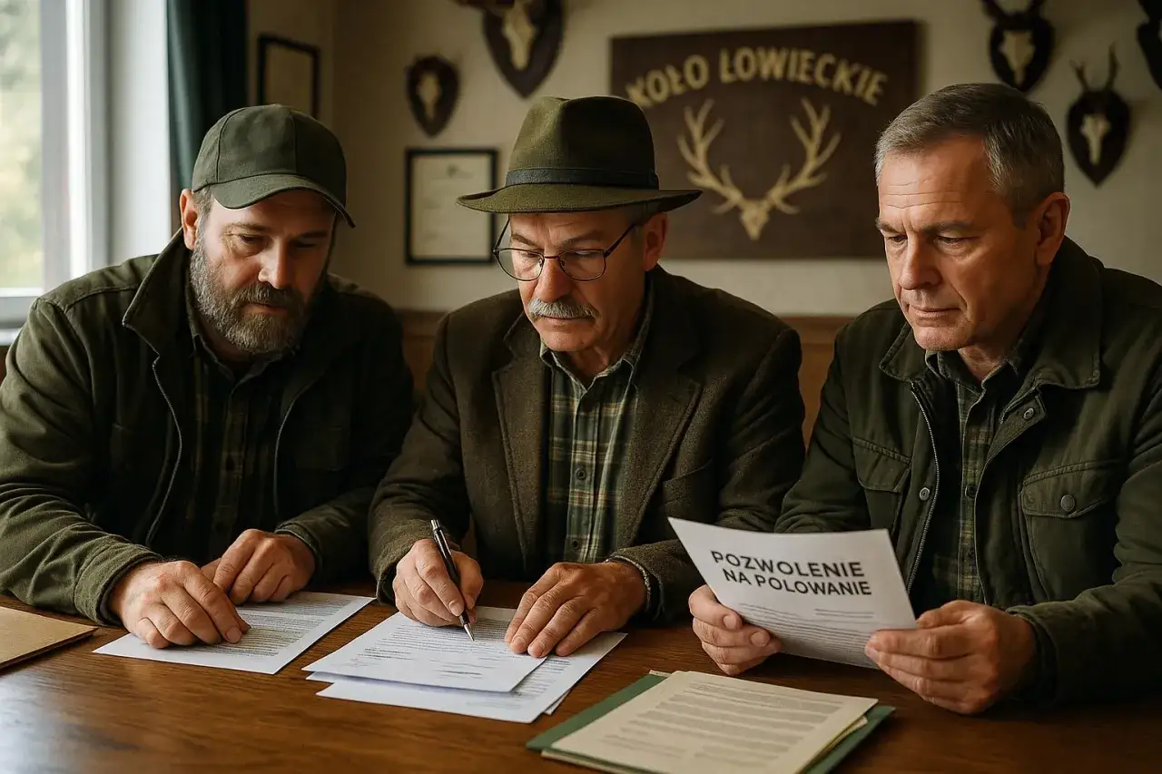 Trzech myśliwych przy stole. Jeden podpisuje dokument 