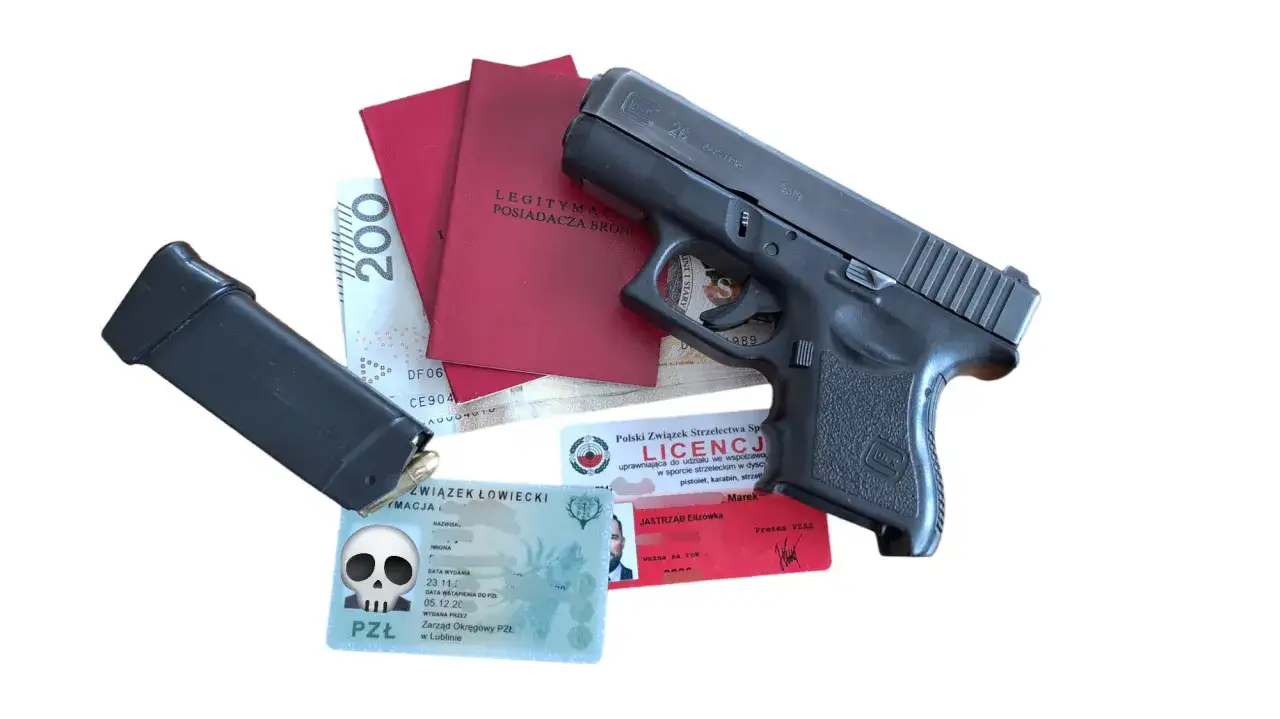 Pistolet Glock, magazynek, dokumenty i pieniądze. Czy myśliwy może mieć broń krótką? Tak, jeśli posiada odpowiednie pozwolenia.
