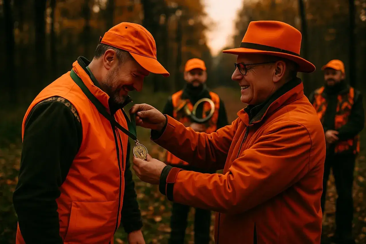 Myśliwy wręcza medal koledze. W lesie, jesienią, widać innych myśliwych. To symboliczne uhonorowanie, nie związane z tym, dlaczego myśliwi okładają zabite zwierzę gałęziami.
