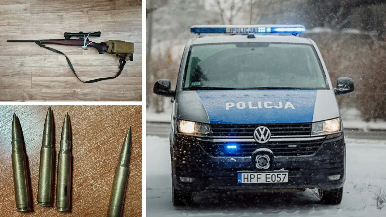 Broń i amunicja na stole, obok radiowóz policyjny. Czy myśliwy może nosić broń w miejscu publicznym?