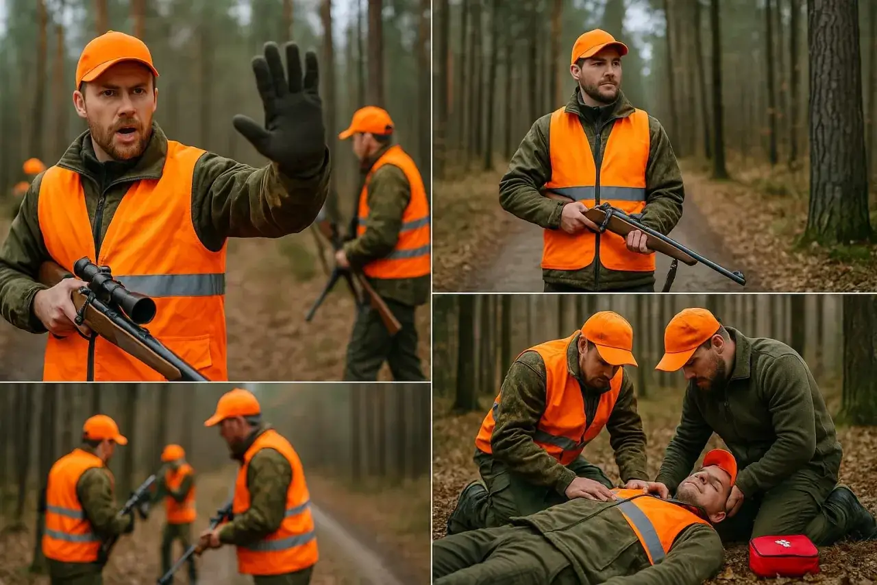 Myśliwi w pomarańczowych kamizelkach, uczący się, jak powinni być rozstawiani na polowaniu, ćwiczą pierwszą pomoc.