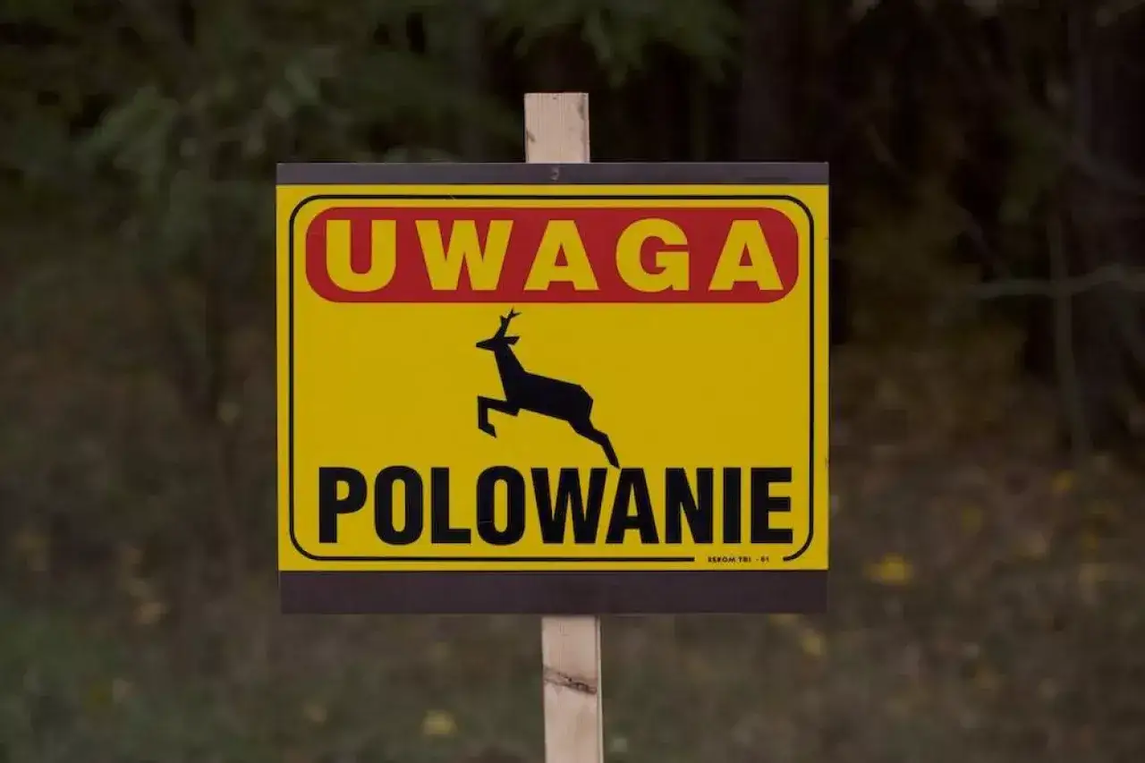 Uwaga! Polowanie. Czy myśliwy może wejść na teren prywatny? Tablica ostrzega przed polowaniami, sugerując, że teren może być prywatny.