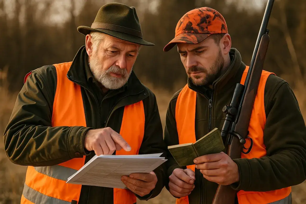 Dwóch myśliwych w kamizelkach odblaskowych analizuje dokumenty i książeczkę, dyskutując, czy myśliwy niestowarzyszony może polować.